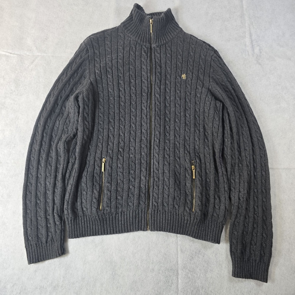 Ralph Lauren Zip Sweater Black Cable Knit LRL Logo Size XL
